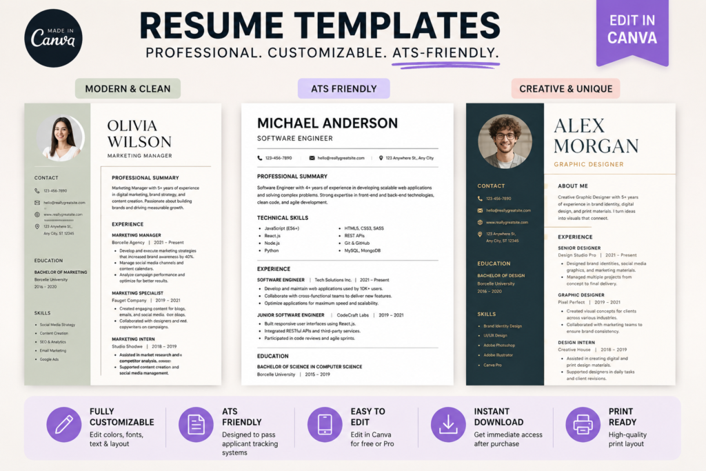Resume Canva templates sold on Etsy