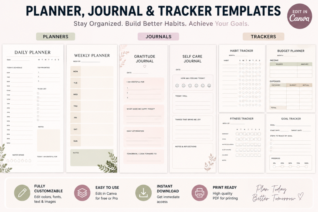 Planner journal and tracker Canva templates