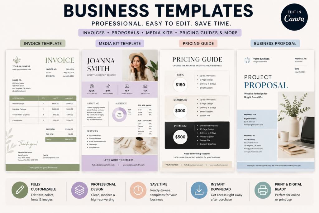 Business Canva templates including invoices and proposals