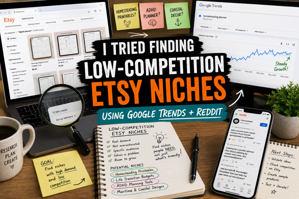Finding low-competition Etsy niches for beginners using Google Trends and Reddit research.