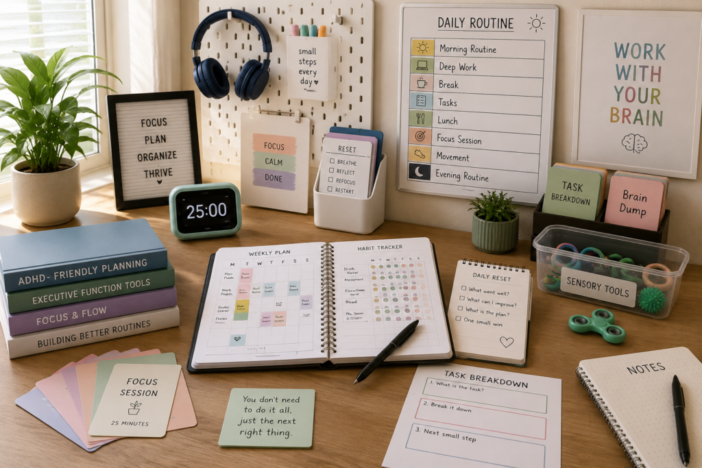 ADHD-friendly productivity tools, planners, and visual organization aids for neurodivergent adults.