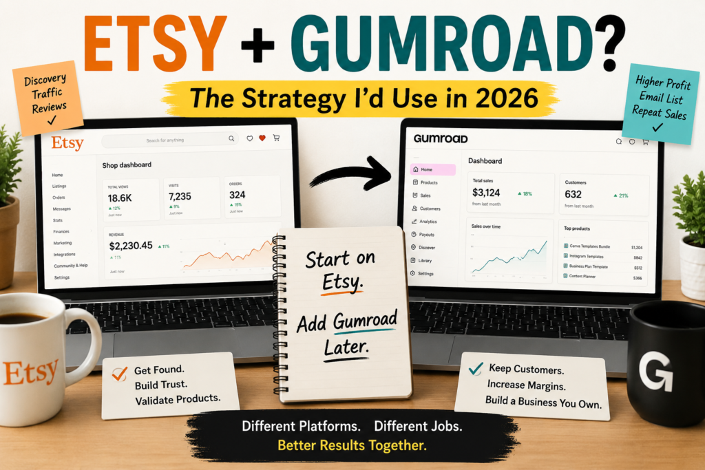 Etsy and Gumroad side-by-side comparison showing a two-platform strategy where Etsy is used for discovery, reviews, and traffic while Gumroad is used for higher margins, email marketing, and repeat sales.
