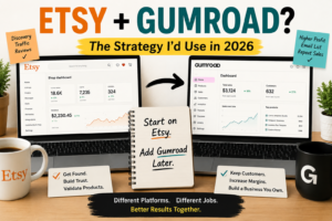Etsy and Gumroad side-by-side comparison showing a two-platform strategy where Etsy is used for discovery, reviews, and traffic while Gumroad is used for higher margins, email marketing, and repeat sales.