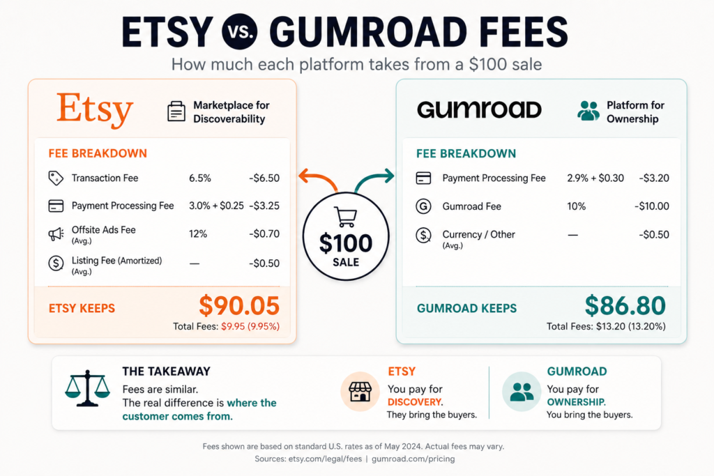 Etsy and Gumroad fee comparison