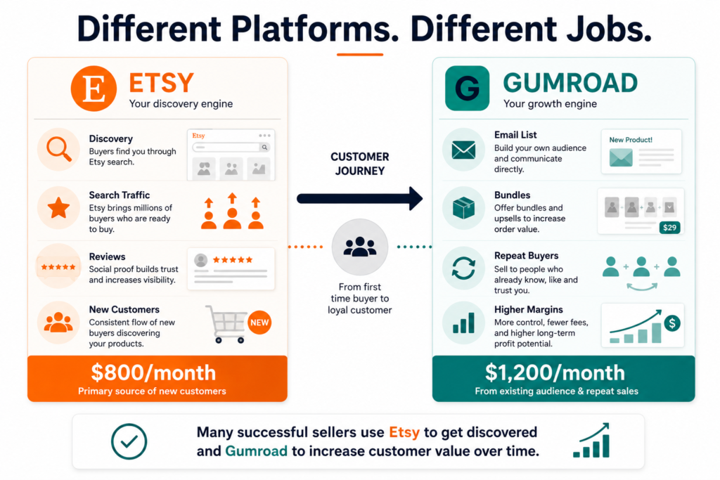 how Etsy and Gumroad serve different roles in a digital product business, with Etsy driving discovery and Gumroad supporting repeat sales and customer ownership.