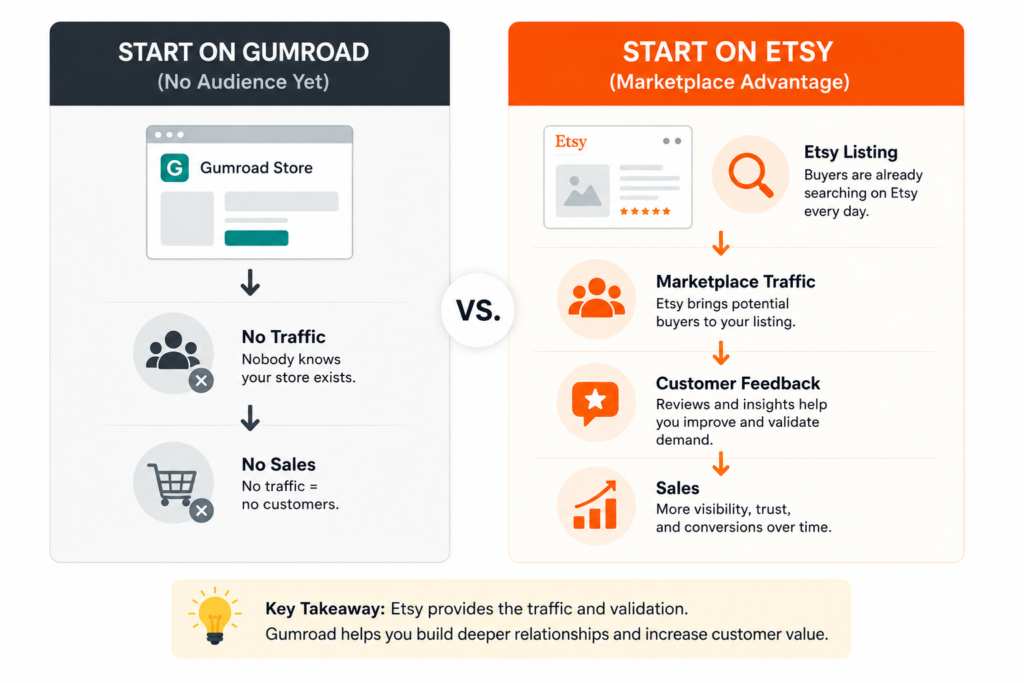 Etsy and Gumroad for beginners, showing how Etsy provides marketplace traffic, customer reviews, and product discovery, while Gumroad relies on audience building and direct marketing to generate sales.