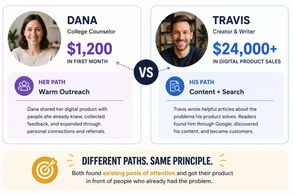 Comparison infographic showing how to sell digital products with no audience using two different strategies: warm outreach and referrals versus content marketing and search traffic. Both approaches generated digital product sales without relying on a large following.