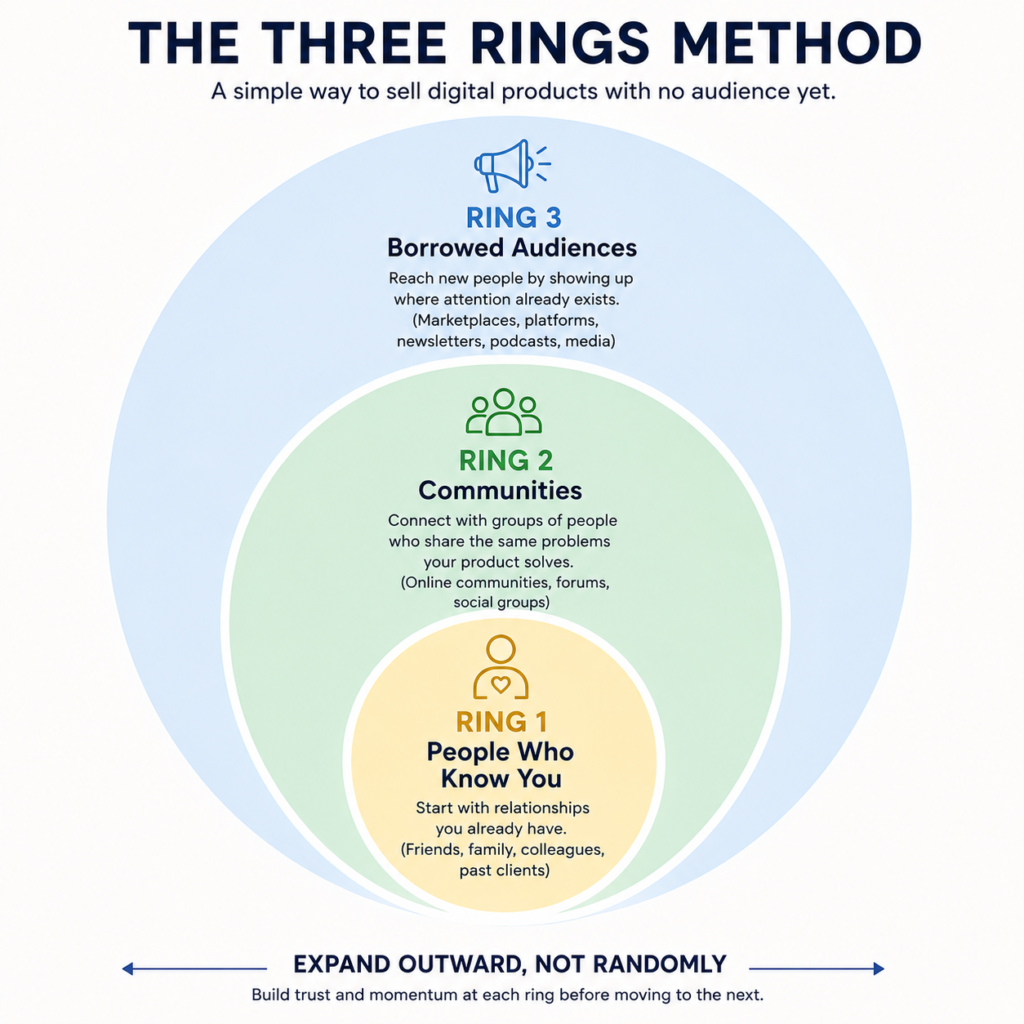 Three Rings Method infographic showing how to sell digital products with no audience by starting with people you know, expanding into online communities, and leveraging borrowed audiences to reach more potential customers.