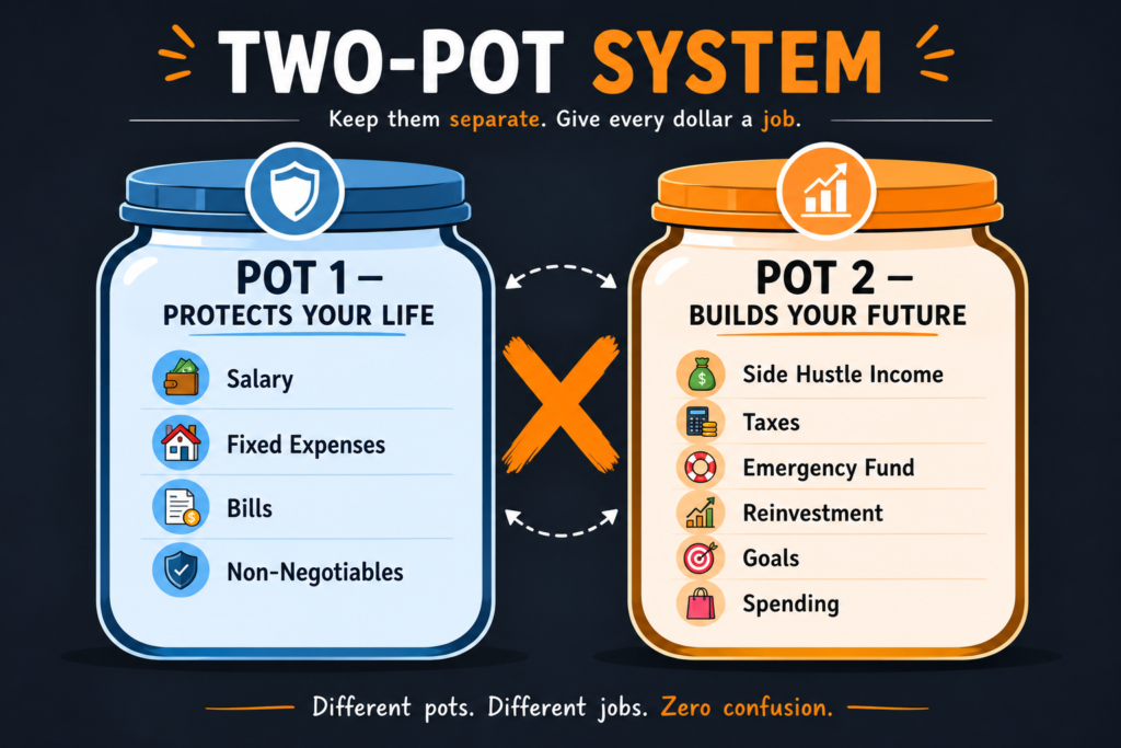 Diagram of the Two-Pot System showing Pot 1 which protects your life with salary and fixed expenses, separated by an X from Pot 2 which builds your future with side hustle income allocations