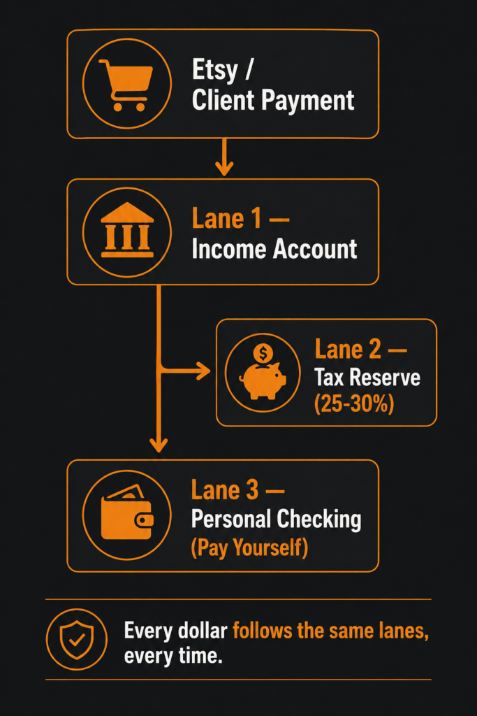 Flow diagram of the Three-Lane System showing side hustle income moving from an income account to a tax reserve account and personal checking