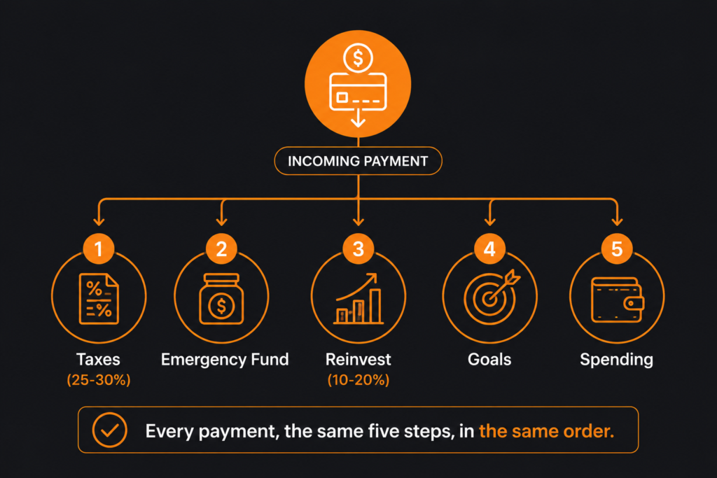 Diagram showing how to split side hustle income into taxes, emergency fund, reinvestment, goals, and spending