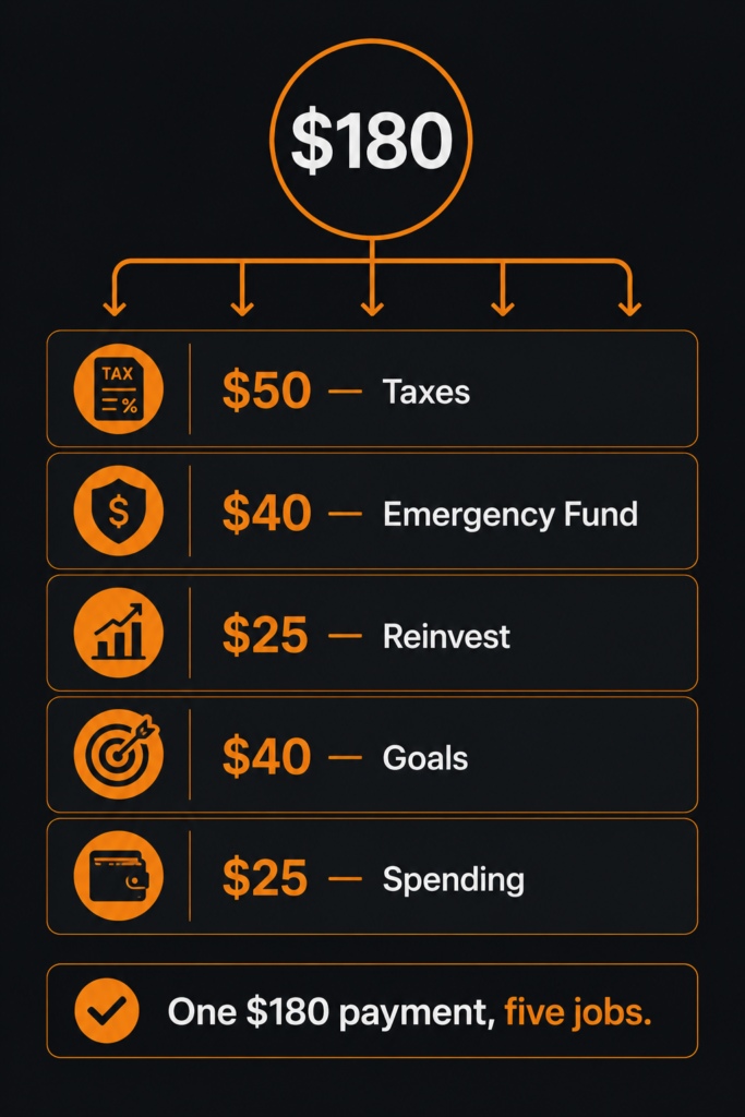 Breakdown of a $180 side hustle payment split across taxes, emergency fund, reinvestment, goals, and spending