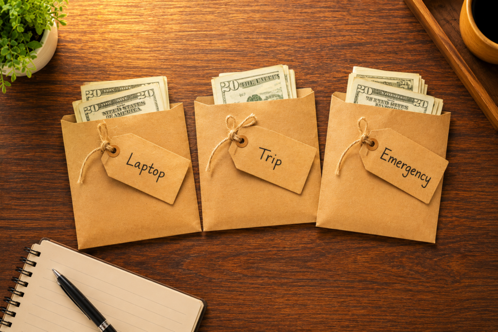 Labeled savings envelopes for specific goals representing sinking funds for side hustle income