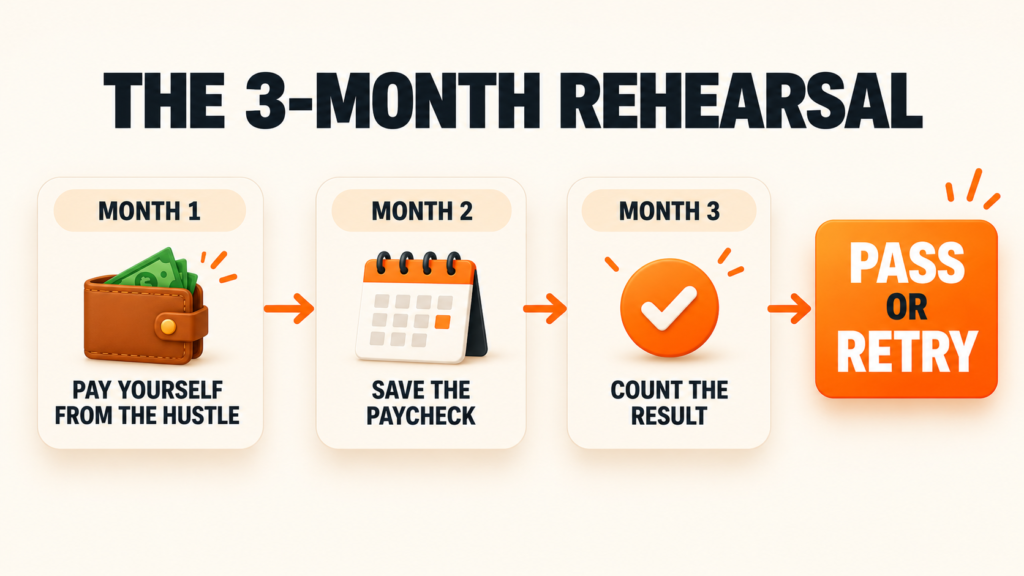 three-month rehearsal before quitting a job for a side hustle